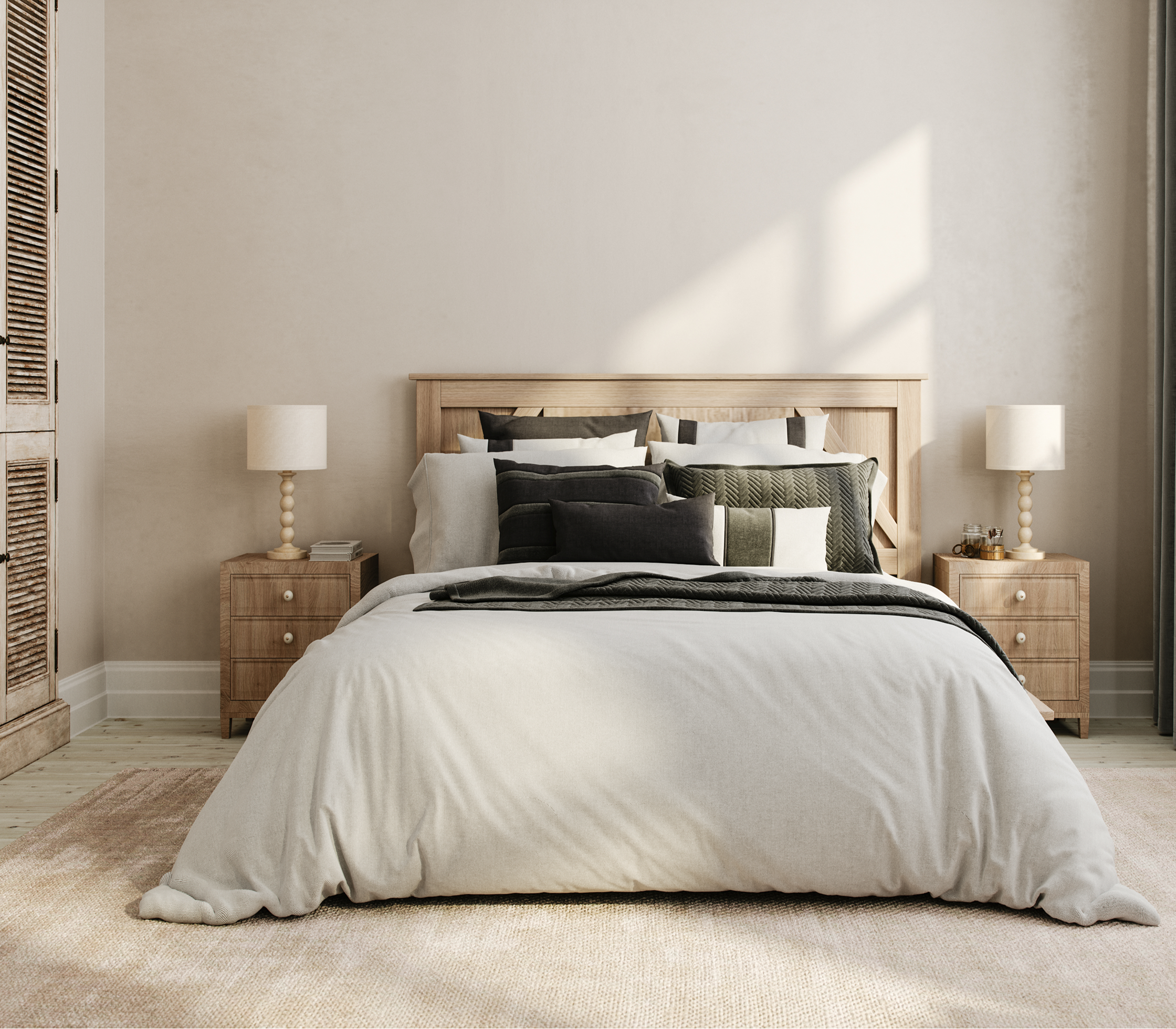 Cozy bedroom with neutral-toned decor.
